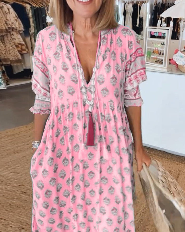 MANA | CHIC FLORAL V-NECK MIDI DRESS