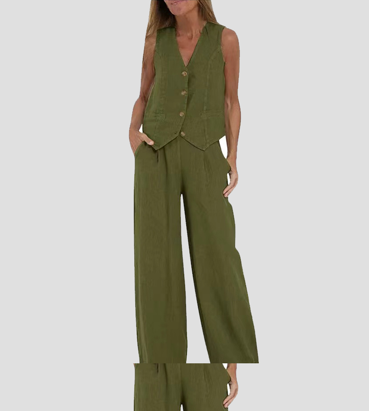 Aira - Button-Up Vest & Wide-Leg Trousers Set