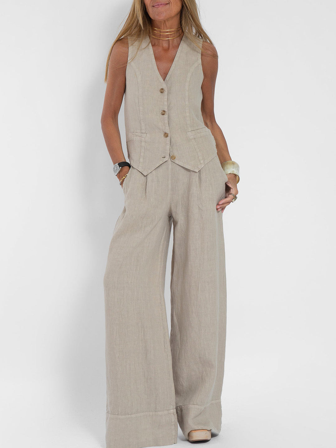 Aira - Button-Up Vest & Wide-Leg Trousers Set