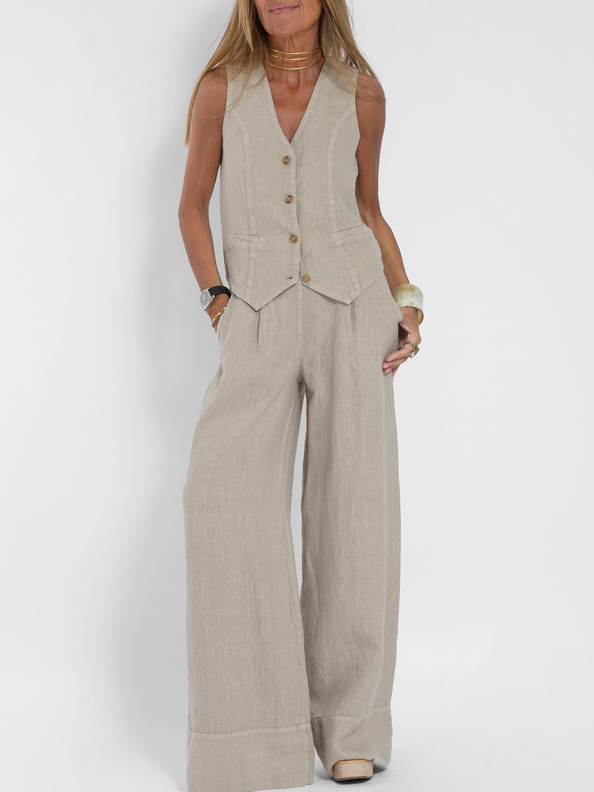 Edith | Button-Up Vest & Wide-Leg Trousers Set