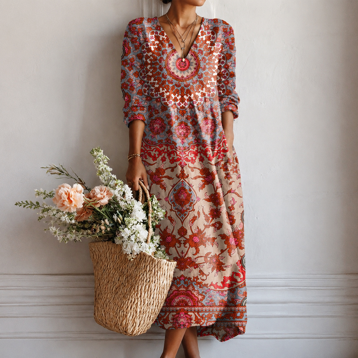 Simone | Boho Maxi Dress with Oriental Mandala Print
