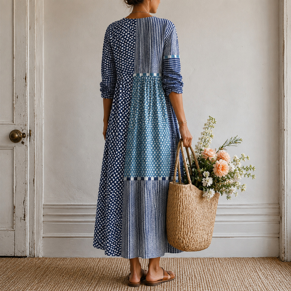 Leanne | Boho Maxi Dress with Patchwork Print in Soft Blues