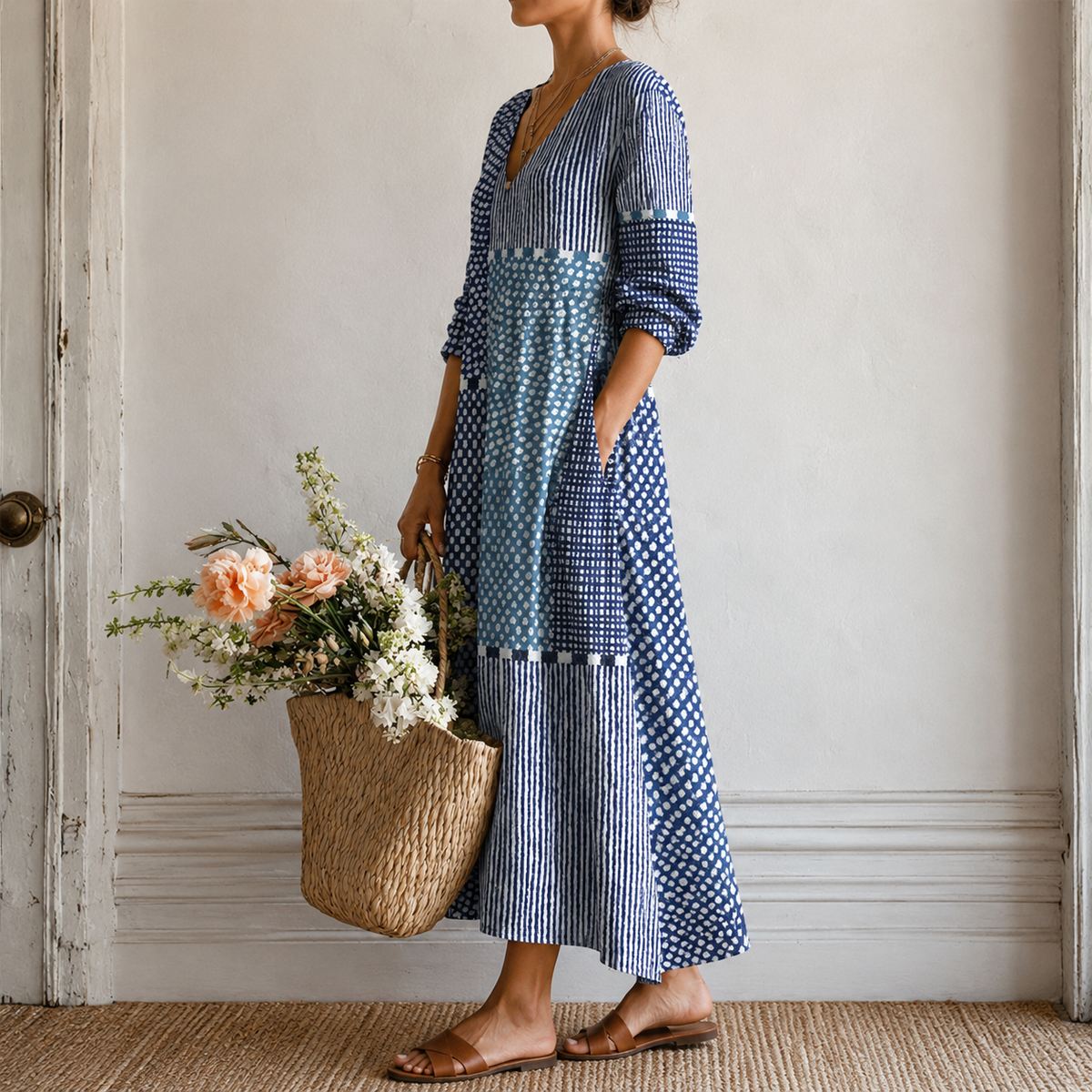Leanne | Boho Maxi Dress with Patchwork Print in Soft Blues