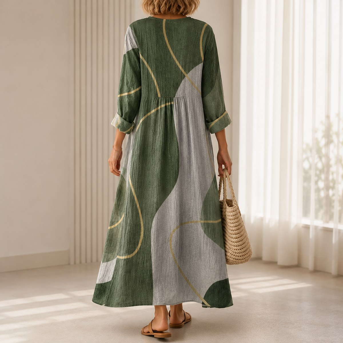 Colleen | Boho Maxi Dress with Abstract Print in Olive Green