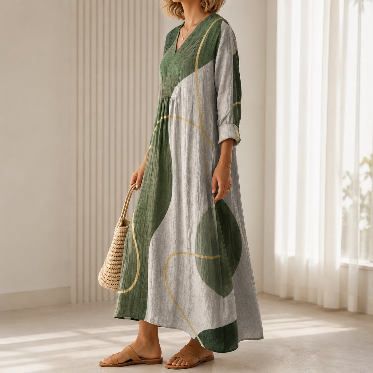 Colleen | Boho Maxi Dress with Abstract Print in Olive Green