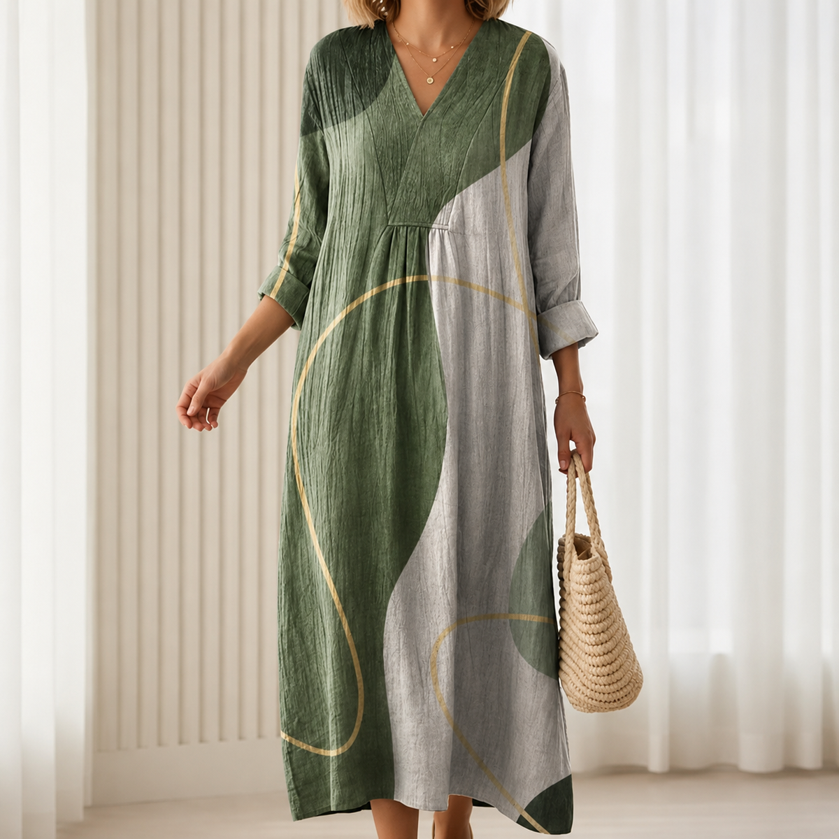 Colleen | Boho Maxi Dress with Abstract Print in Olive Green