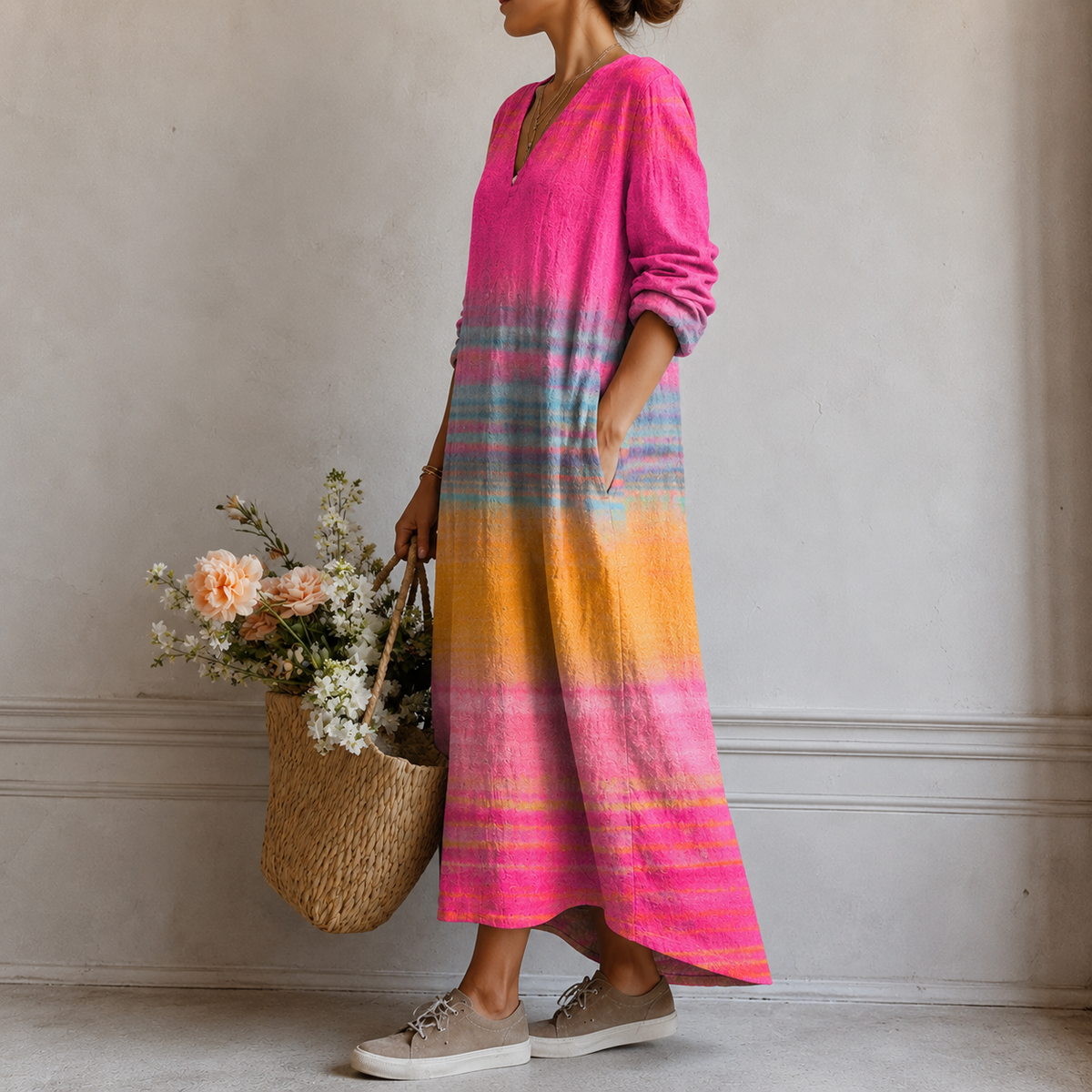 Danielle | Boho Maxi Dress with Rainbow Stripes