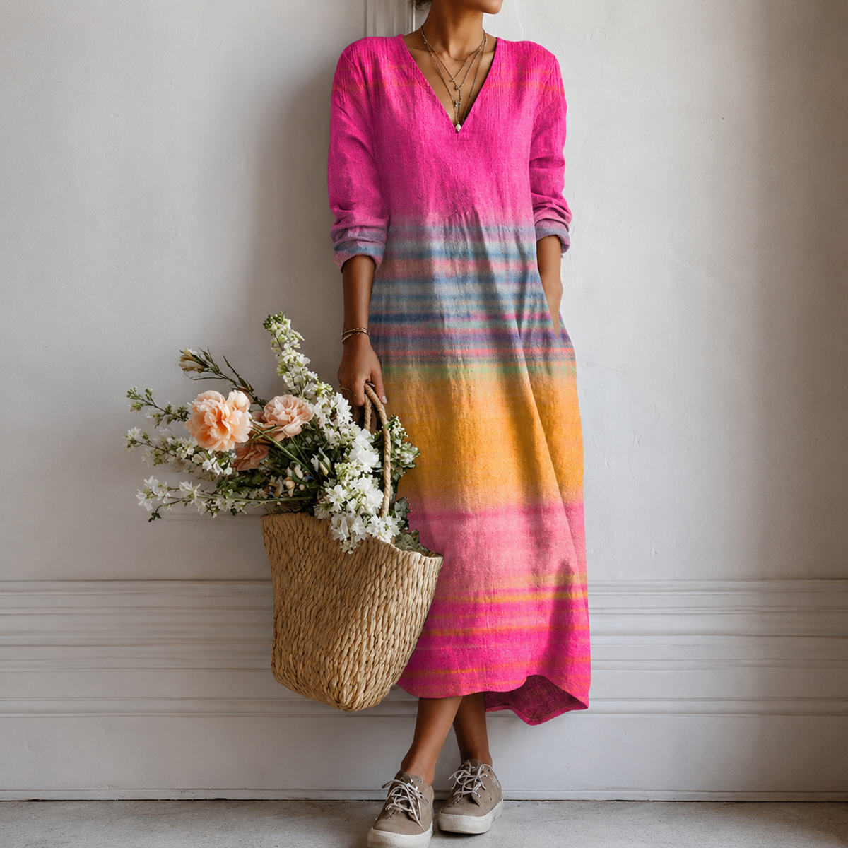 Danielle | Boho Maxi Dress with Rainbow Stripes