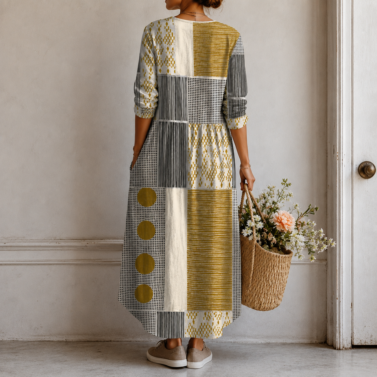 Beatrix | Boho Maxi Dress with Colour Blocking and Spots in Mustard