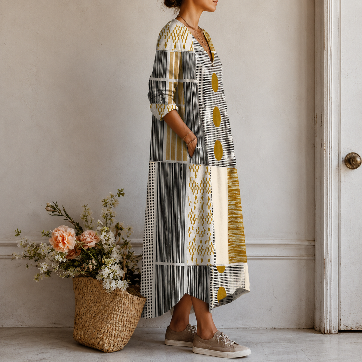 Beatrix | Boho Maxi Dress with Colour Blocking and Spots in Mustard