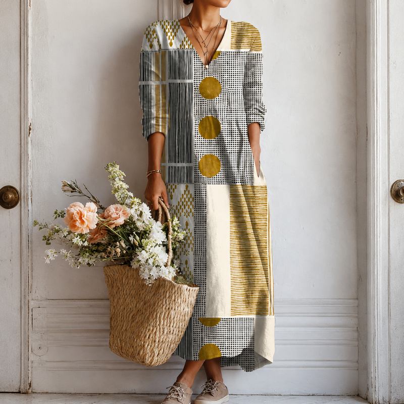 Beatrix | Boho Maxi Dress with Colour Blocking and Spots in Mustard