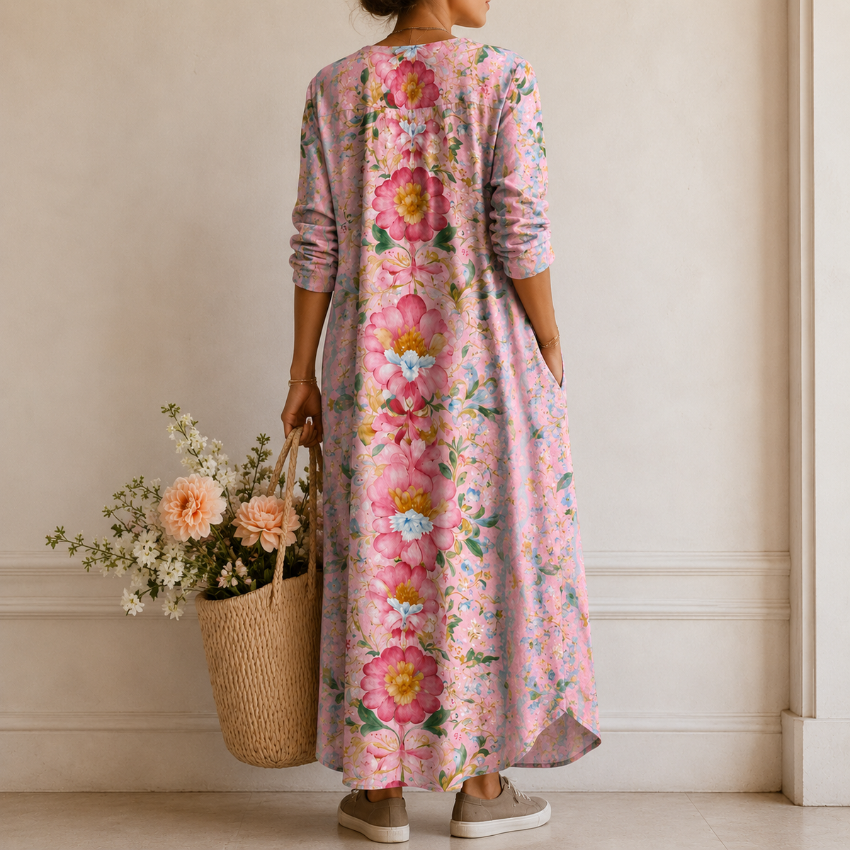 Erin | Boho Maxi Dress with Watercolour Blooms in Pink