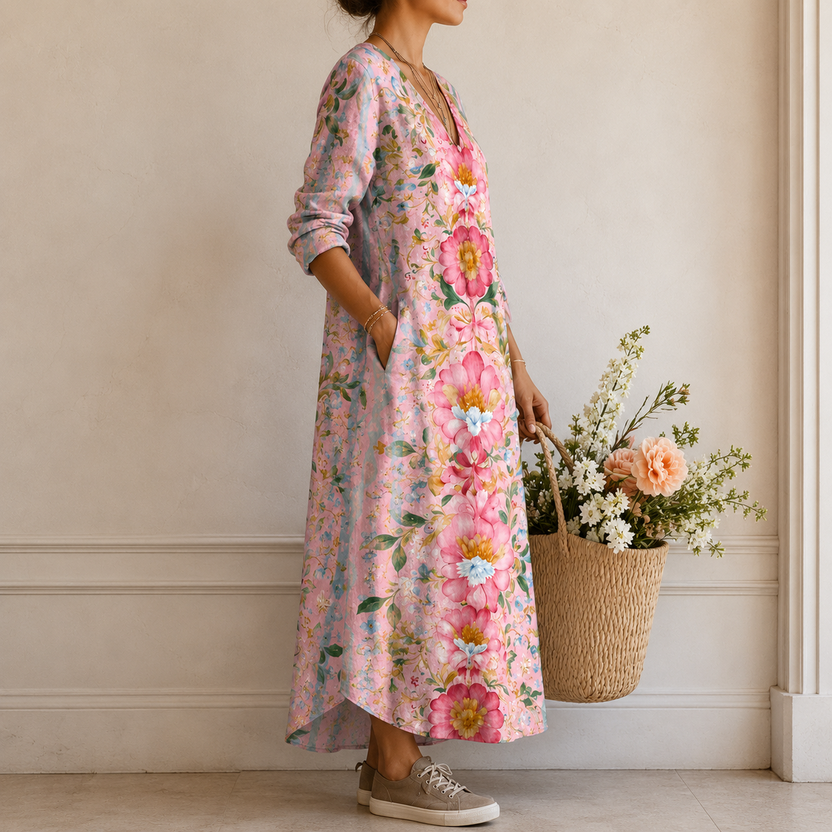 Erin | Boho Maxi Dress with Watercolour Blooms in Pink