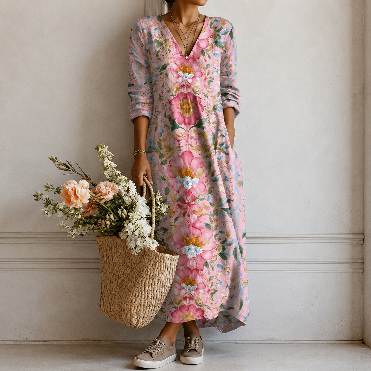 Erin | Boho Maxi Dress with Watercolour Blooms in Pink