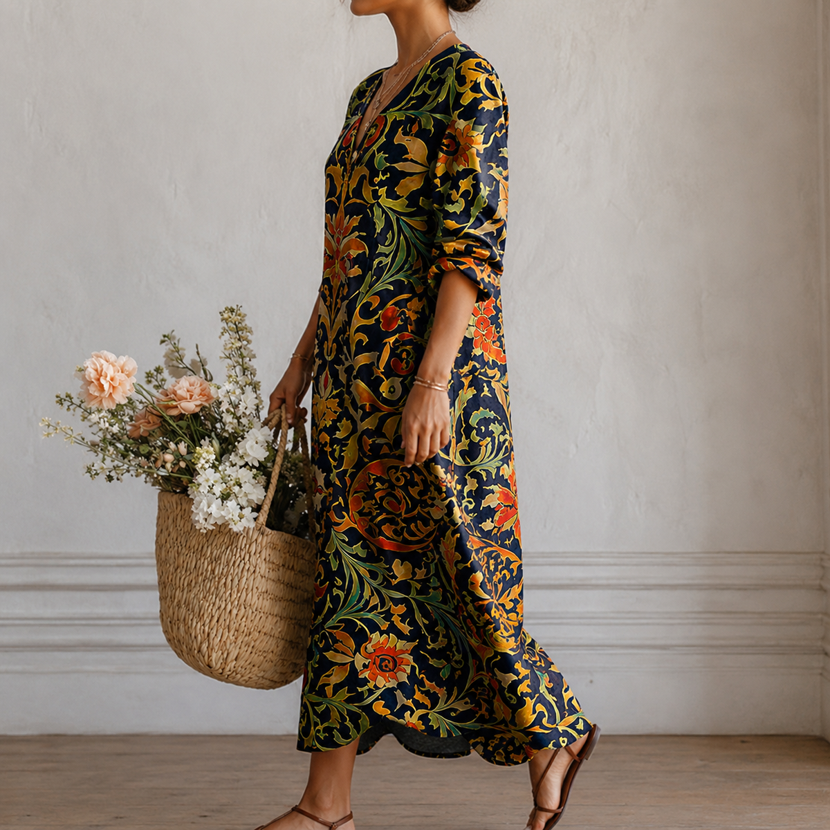 Jillian | Boho Maxi Dress with Floral Ornament Print in Navy