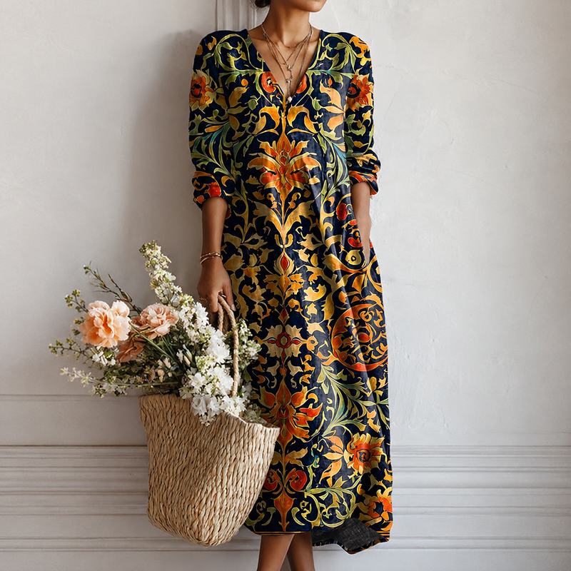 Jillian | Boho Maxi Dress with Floral Ornament Print in Navy