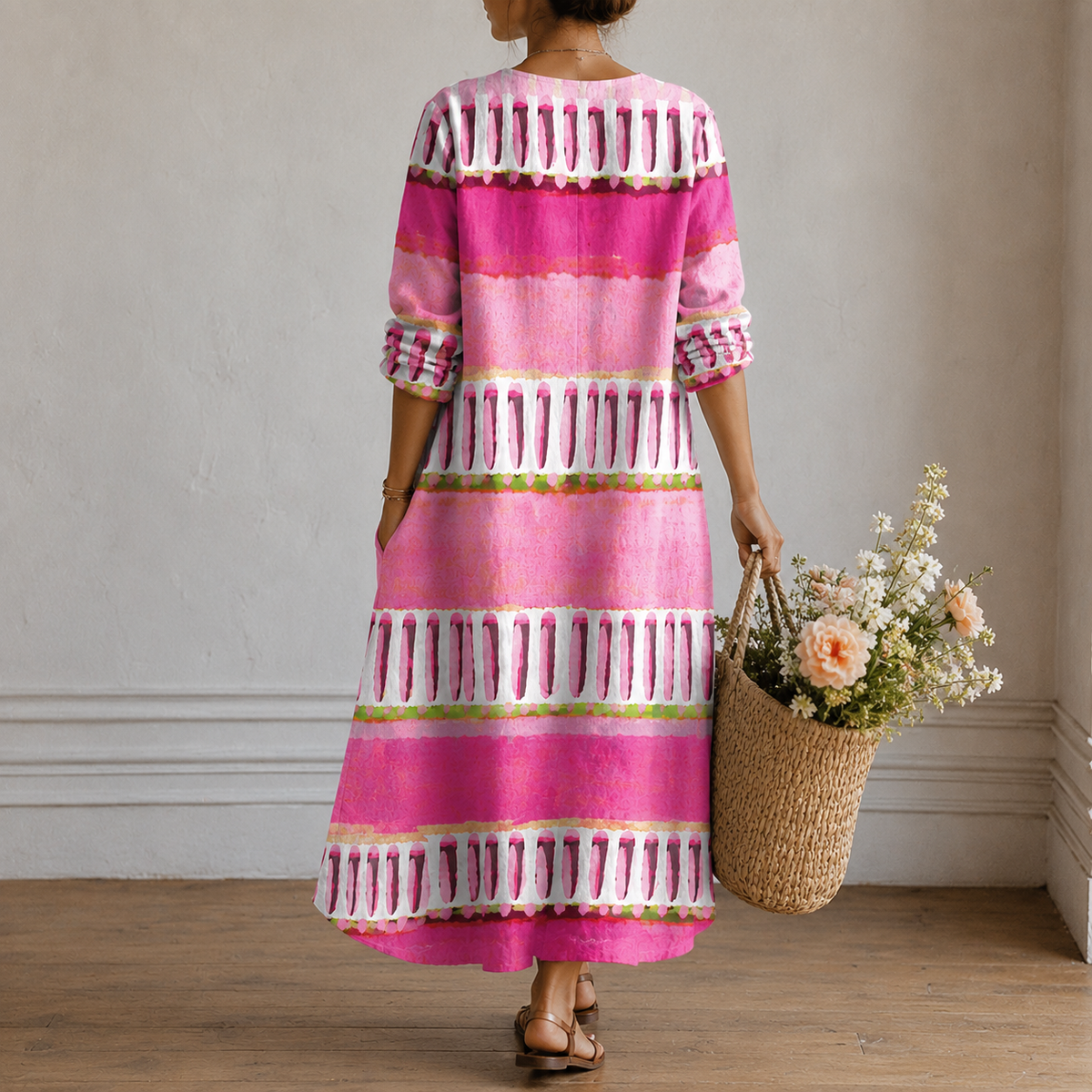 Jillian | Boho Maxi Dress with Watercolour Stripes in Pink