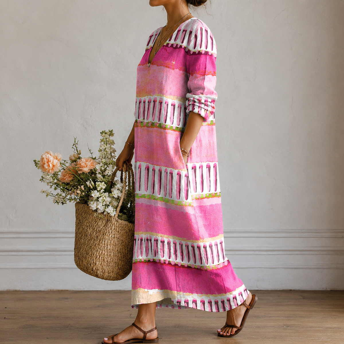 Jillian | Boho Maxi Dress with Watercolour Stripes in Pink