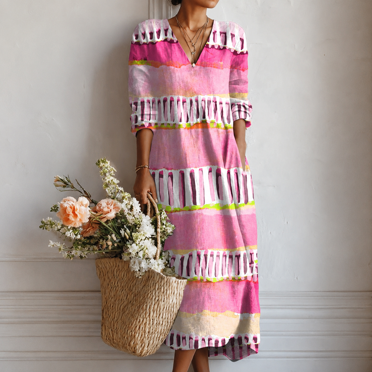 Jillian | Boho Maxi Dress with Watercolour Stripes in Pink