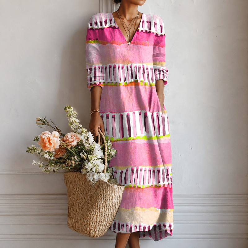 Jillian | Boho Maxi Dress with Watercolour Stripes in Pink