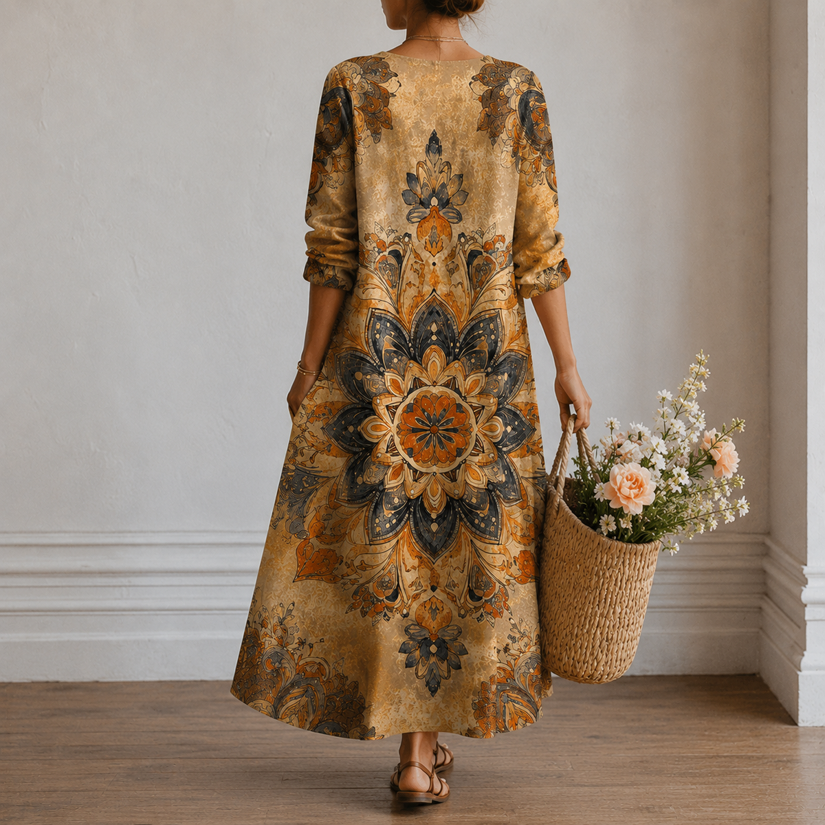 Mavis | Boho Maxi Dress with Mandala Print in Ochre