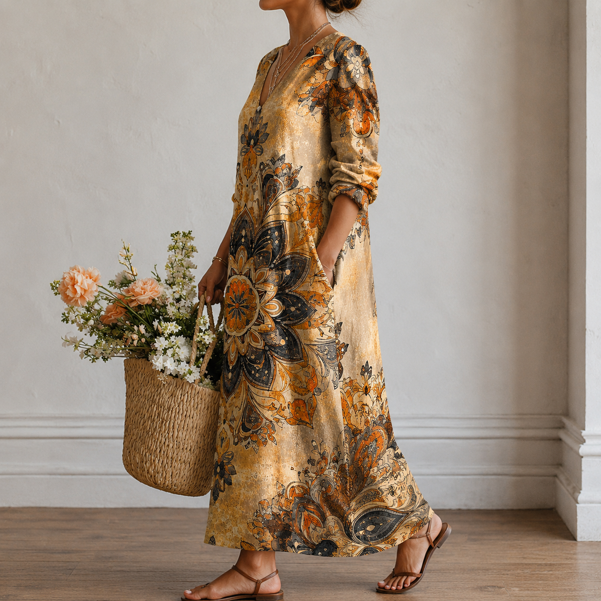 Mavis | Boho Maxi Dress with Mandala Print in Ochre