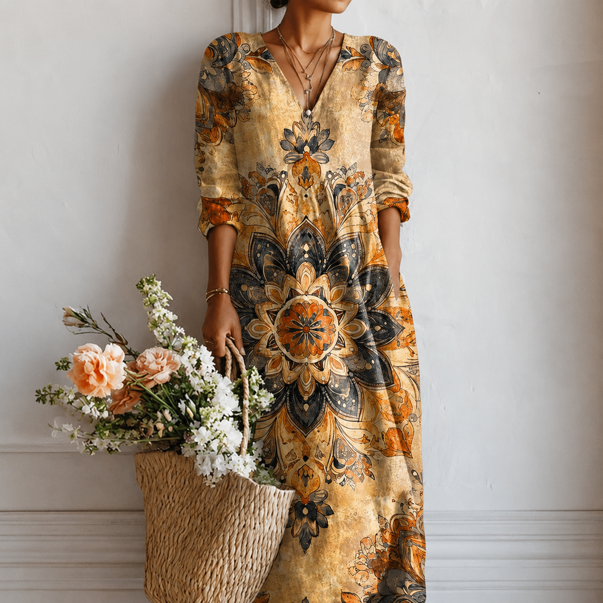 Mavis | Boho Maxi Dress with Mandala Print in Ochre