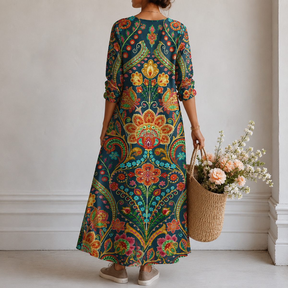 Catriona | Boho Maxi Dress with Paisley Medallion in Teal