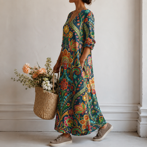 Catriona | Boho Maxi Dress with Paisley Medallion in Teal
