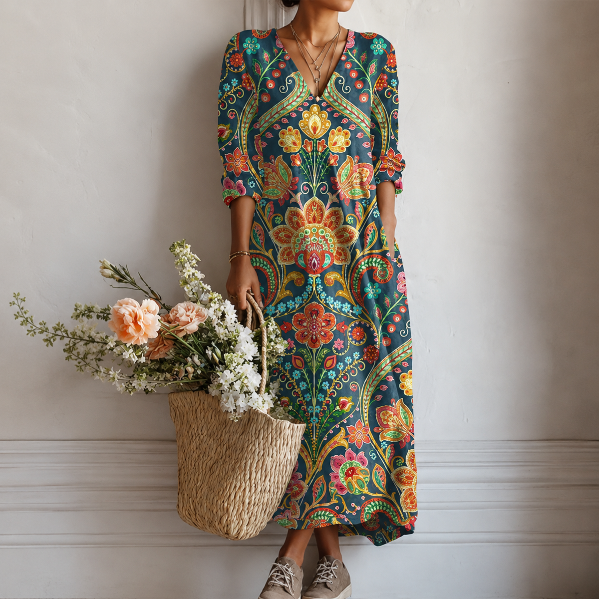Catriona | Boho Maxi Dress with Paisley Medallion in Teal