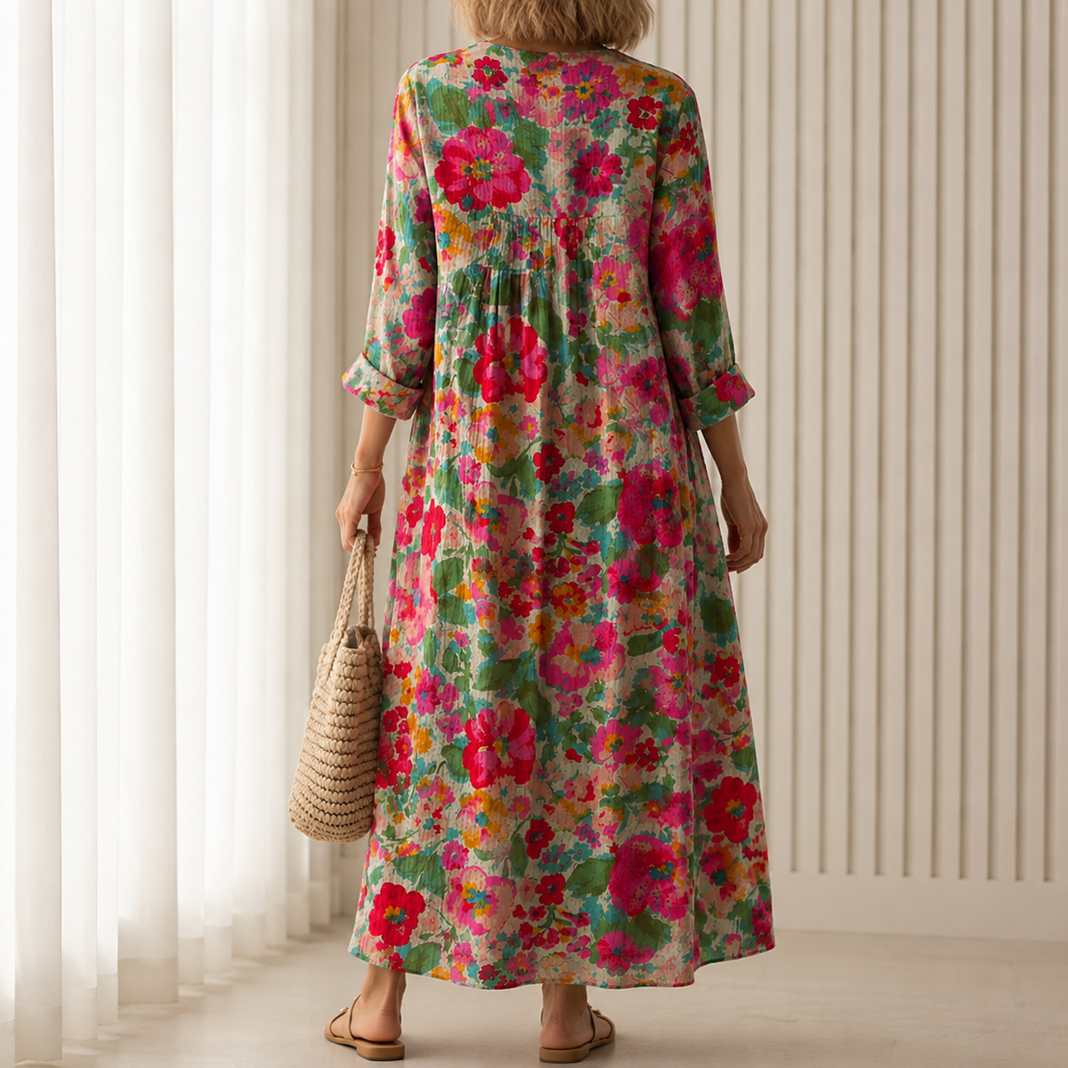 Tahlia | Boho Maxi Dress with Watercolour Floral Print in Pink