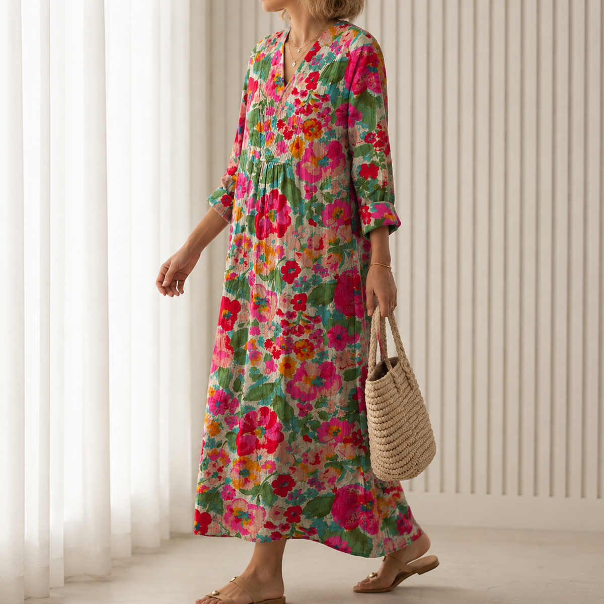 Tahlia | Boho Maxi Dress with Watercolour Floral Print in Pink