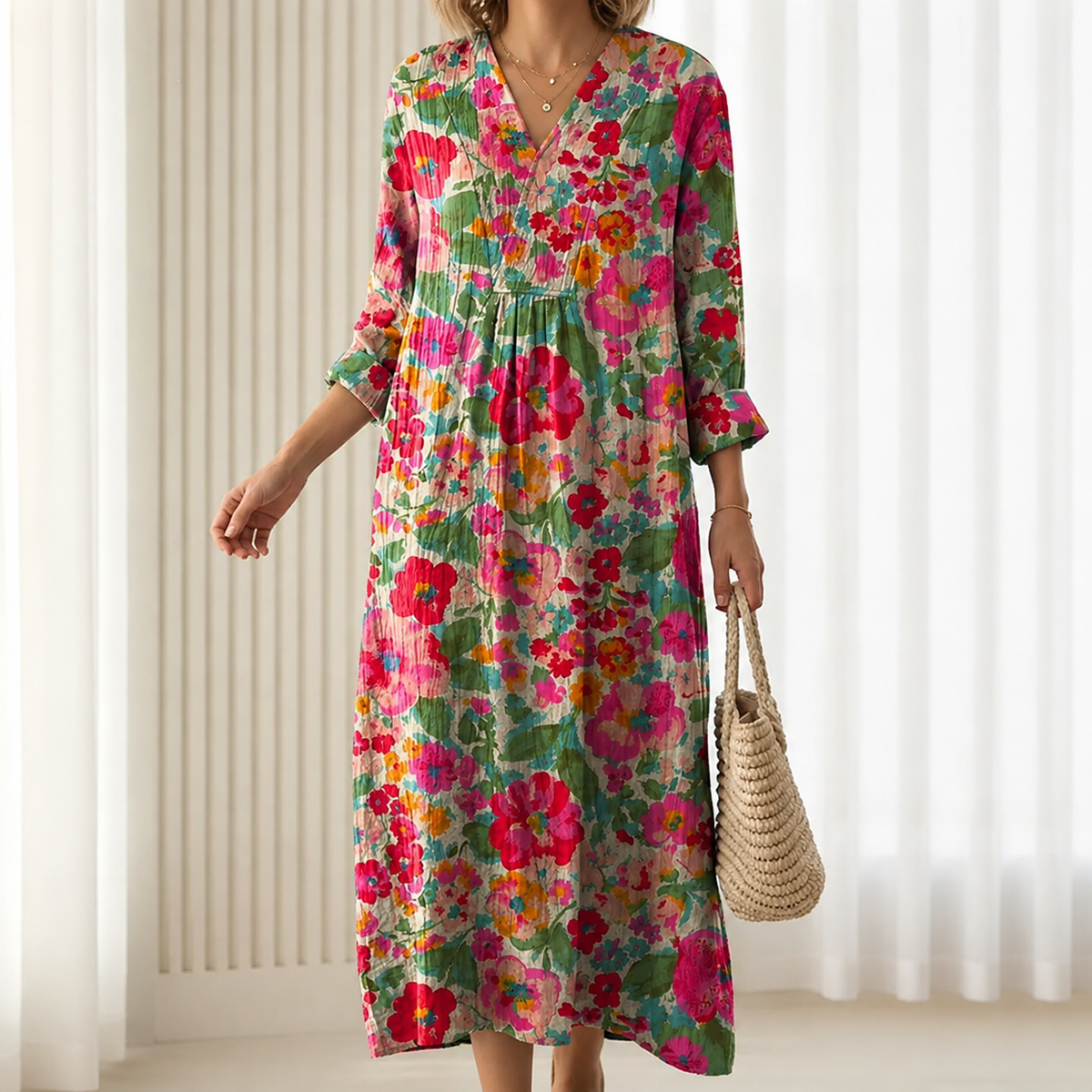 Tahlia | Boho Maxi Dress with Watercolour Floral Print in Pink