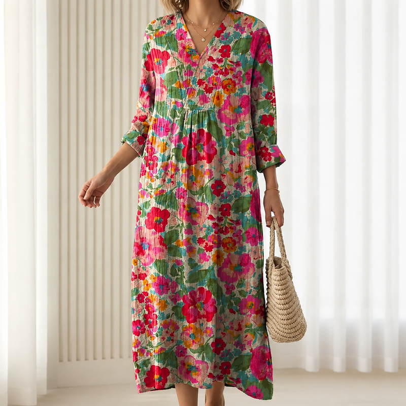 Tahlia | Boho Maxi Dress with Watercolour Floral Print in Pink