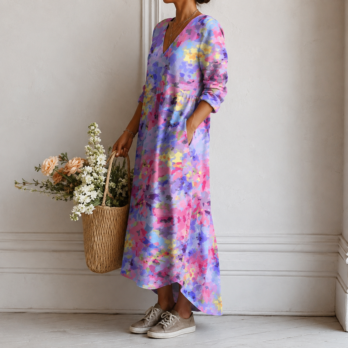Jenelle | Boho Maxi Dress with Watercolour Wash in Pastels
