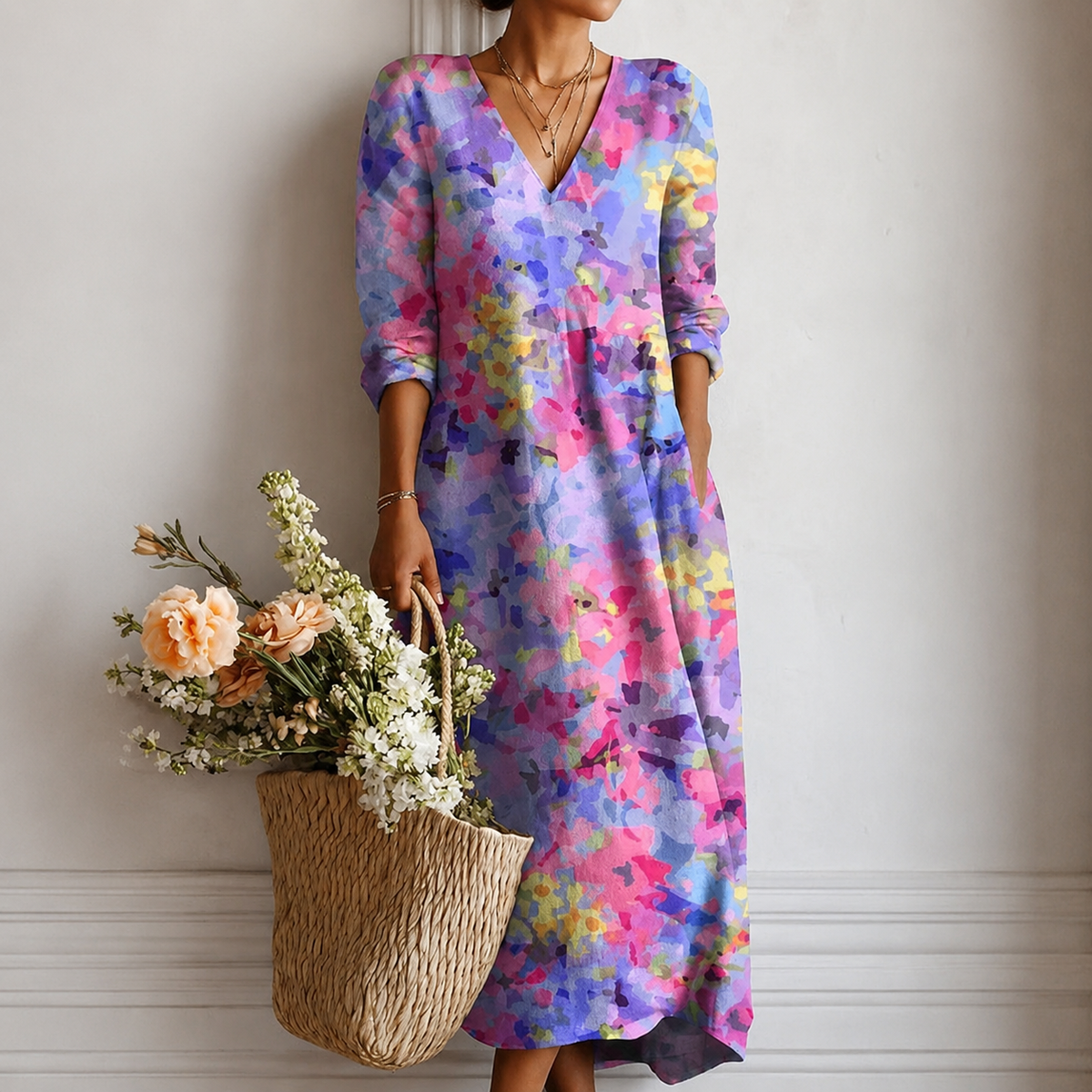 Jenelle | Boho Maxi Dress with Watercolour Wash in Pastels