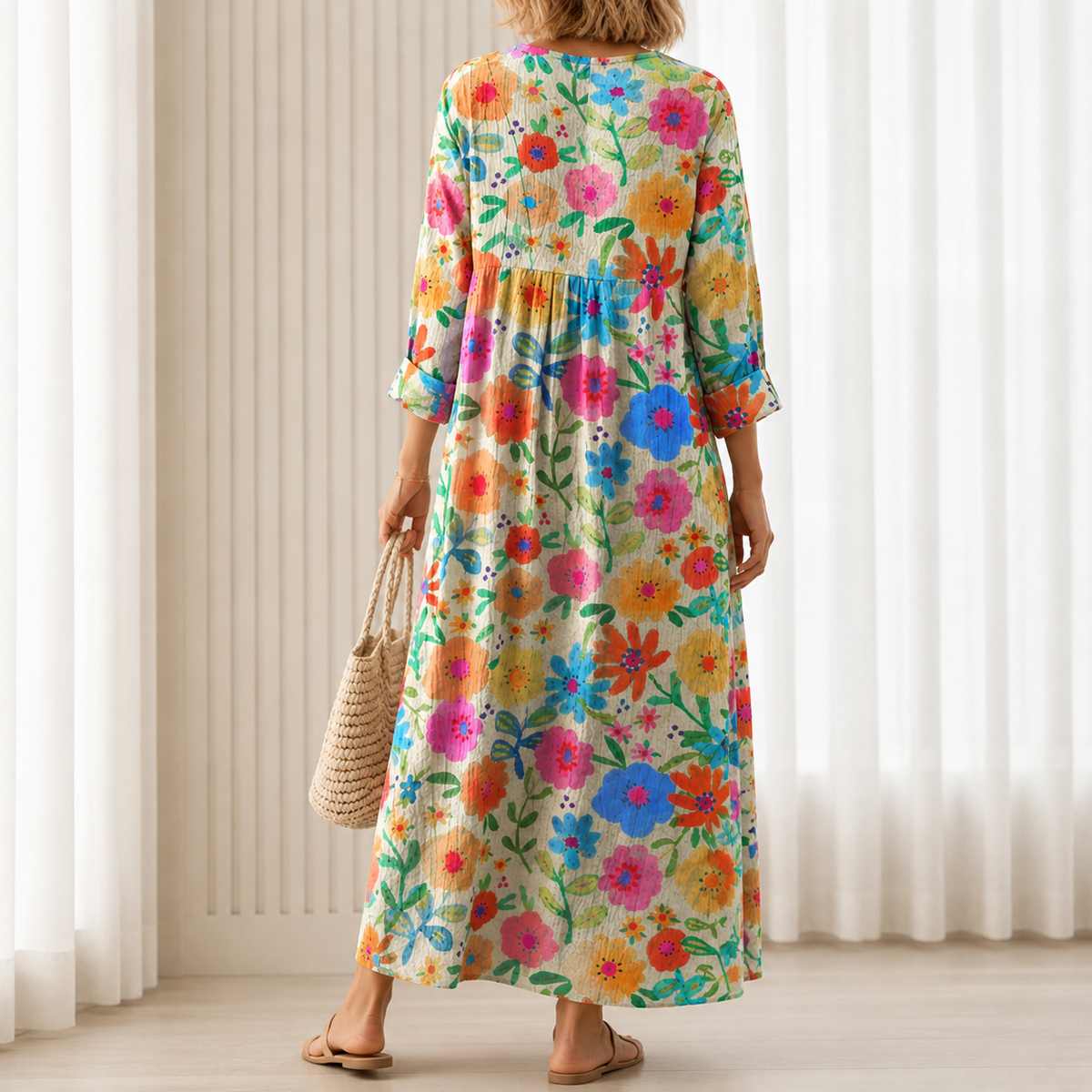 Roslyn | Boho Maxi Dress with Multicolour Floral Print in Cream
