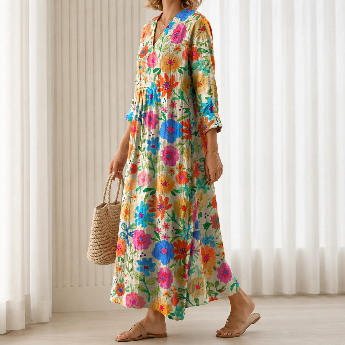 Roslyn | Boho Maxi Dress with Multicolour Floral Print in Cream