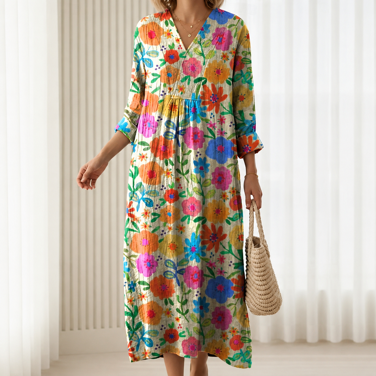 Roslyn | Boho Maxi Dress with Multicolour Floral Print in Cream