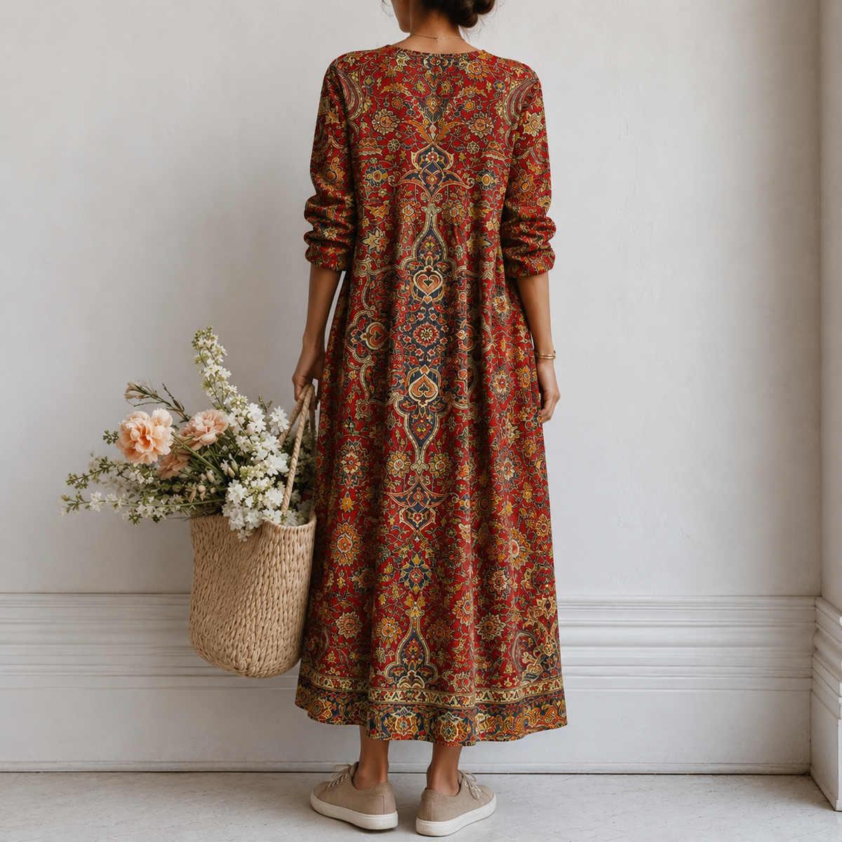 Roslyn | Boho Maxi Dress with Persian Ornament in Red