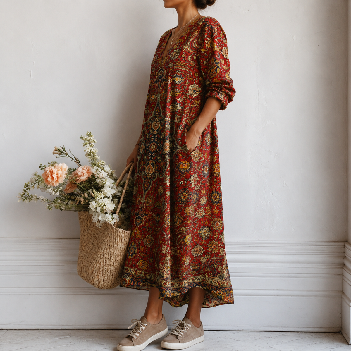 Roslyn | Boho Maxi Dress with Persian Ornament in Red