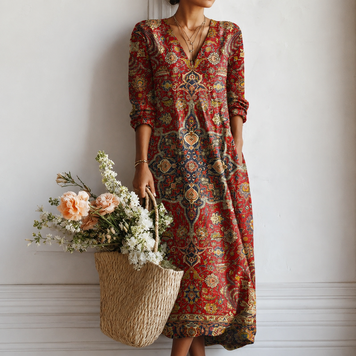 Roslyn | Boho Maxi Dress with Persian Ornament in Red