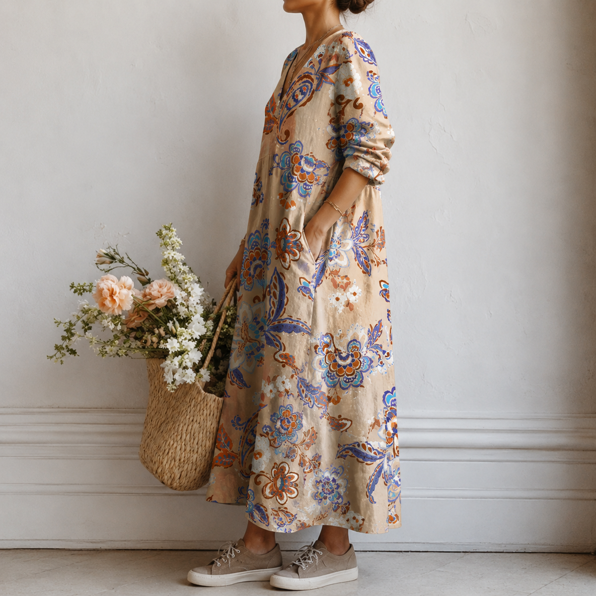 Mavis | Boho Maxi Dress with Paisley Print in Cream