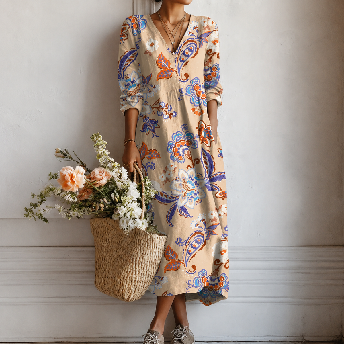 Mavis | Boho Maxi Dress with Paisley Print in Cream