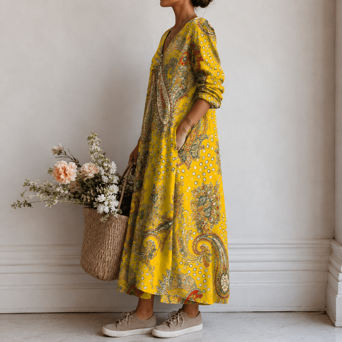 Dulcie | Boho Maxi Dress with Paisley Print in Yellow