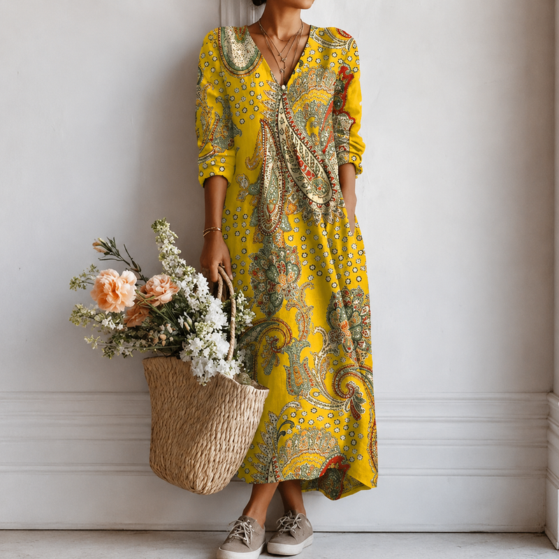 Dulcie | Boho Maxi Dress with Paisley Print in Yellow