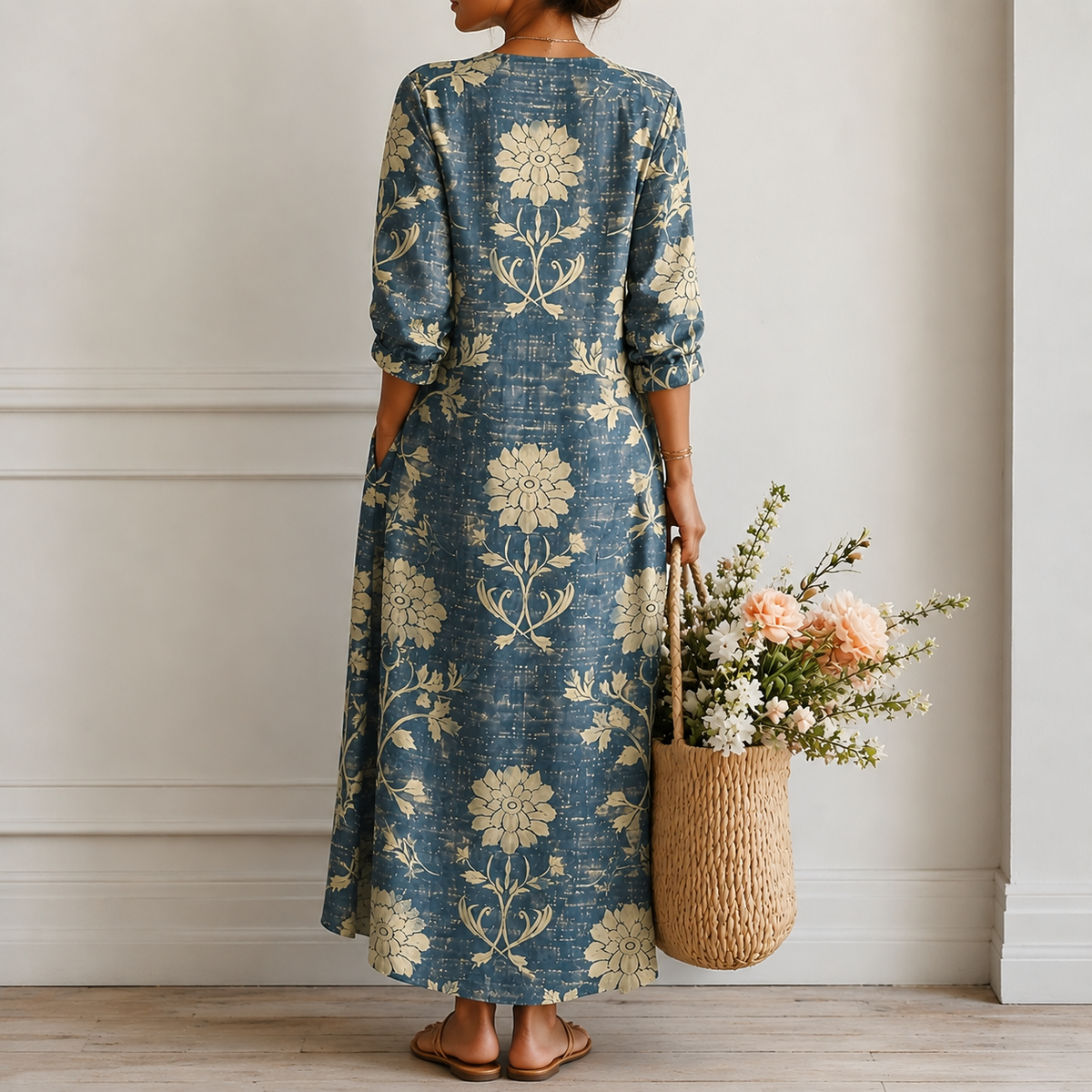 Narelle | Boho Midi Dress with Botanical Print in Indigo