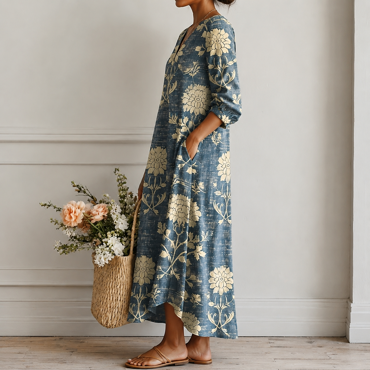 Narelle | Boho Midi Dress with Botanical Print in Indigo