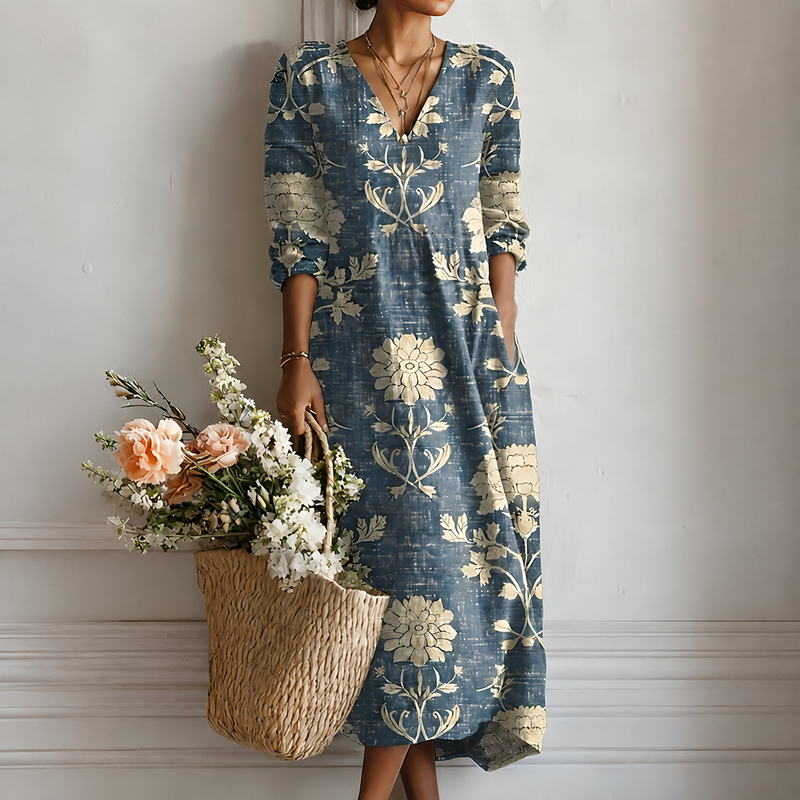 Narelle | Boho Midi Dress with Botanical Print in Indigo