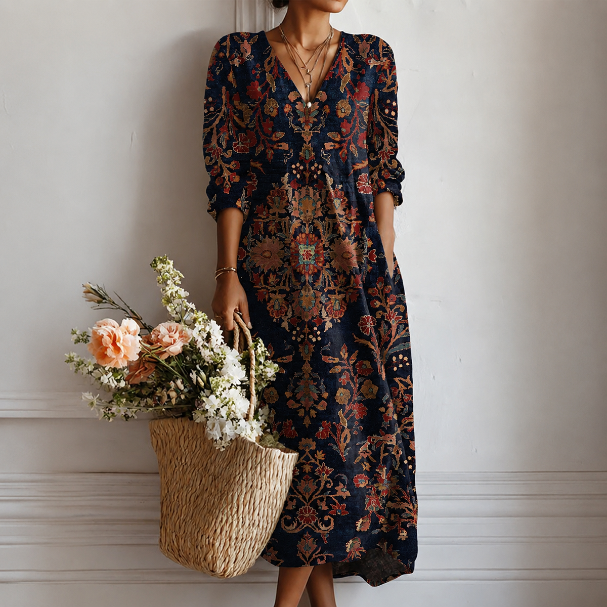 Alison | Boho Maxi Dress with Oriental Ornament in Navy